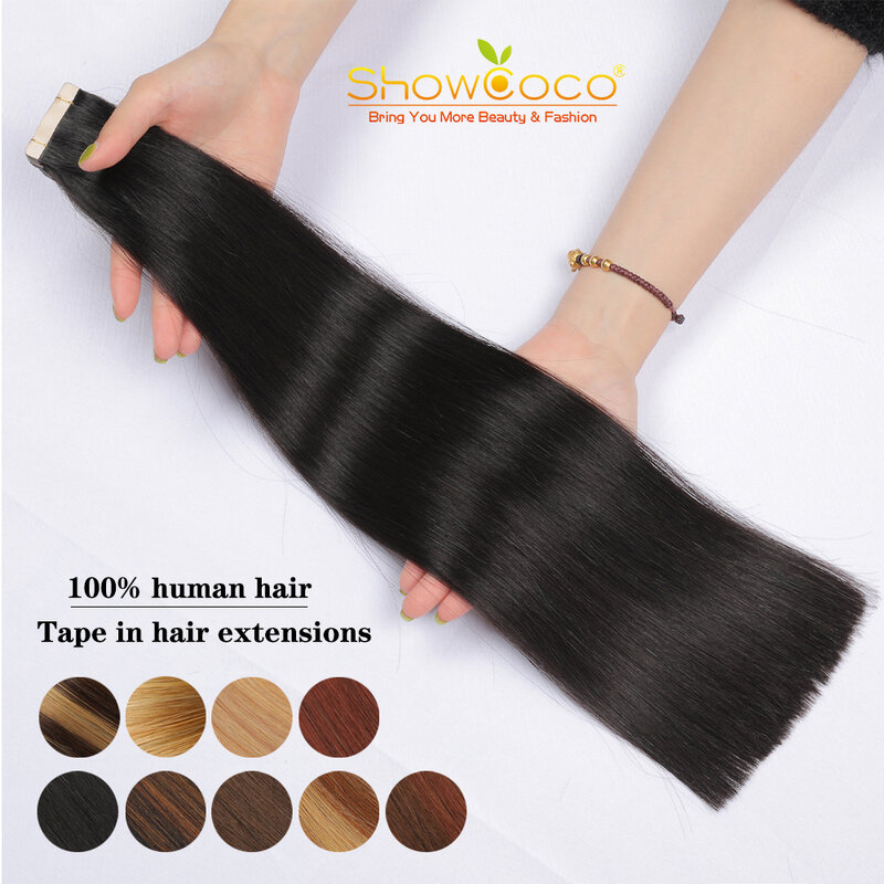 ShowCoco doppio nastro disegnato In estensione dei capelli umani 100% capelli umani Ombre colore estremità spesse dritto Remy 14 "-24" ad alta densità