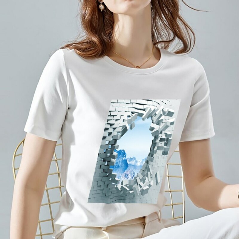 Street Fashion Damen T-Shirt weiß klassische Gänseblümchen 3D-Muster Druck T-Shirt Top O-Ausschnitt Damen Jugend Pendler All-Match-Tops