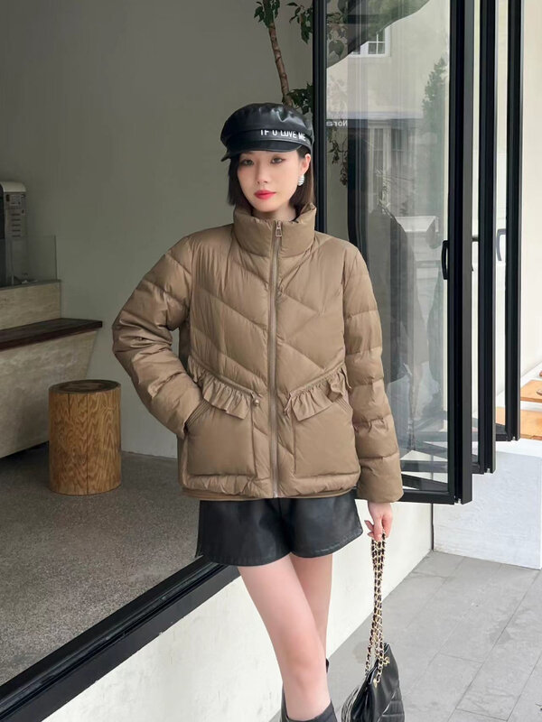 Women White Duck Down Jacket Winter Casual Stand Collar Splicing Wooden Ear Edges Short Coat Fashion Korean Style 2023 New