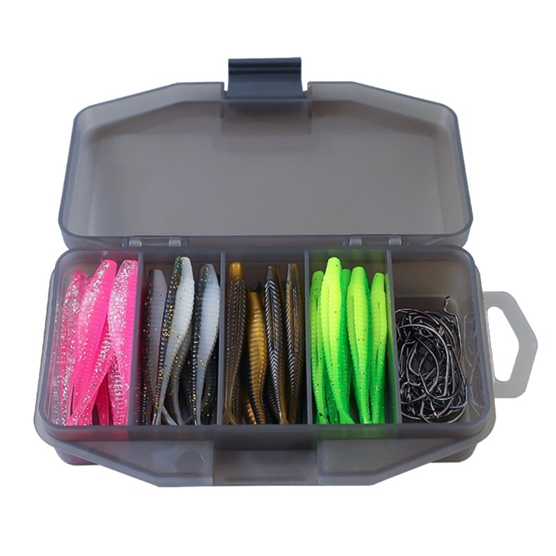 652F 60Pcs Fish Lures Soft Artificial Lures for Fishing Ribbon Lures Soft Colorful Fork Tail Swimbaits with Crank Hook