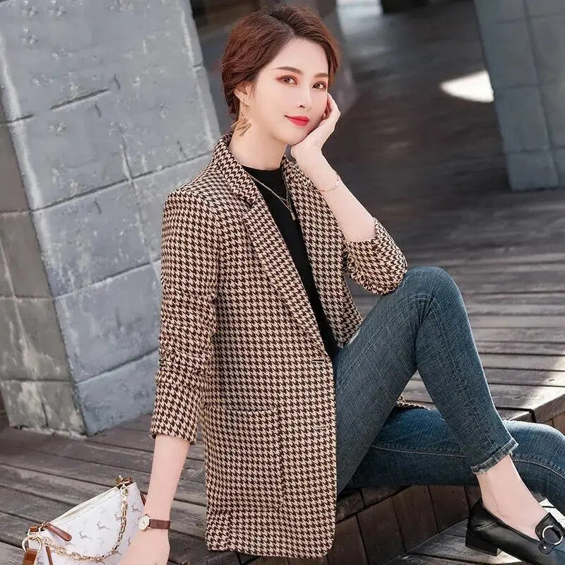 Qianniao-Blazer de grade feminino, terno de bolso fino, blusa feminina, edição coreana, primavera, outono, nova moda, 2024