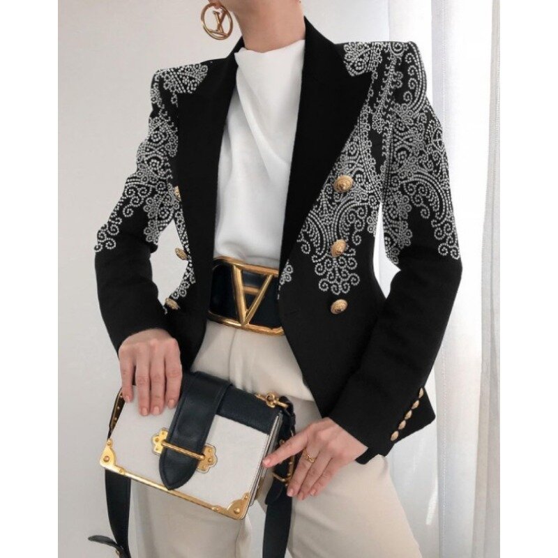 Women Fashion Casual Solid Double Breasted Long Sleeve Slim Blazer Y2K Autumn Coat Blend Outwear Jackets Chain Print Jackets