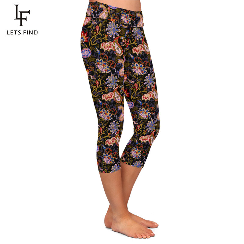 LETSFIND ฤดูร้อนใหม่ผู้หญิง Leggings 3D Paisley พิมพ์ Capri กางเกงขายาวสูงเอวยืดเซ็กซี่กลางลูกวัว3/4กางเกง