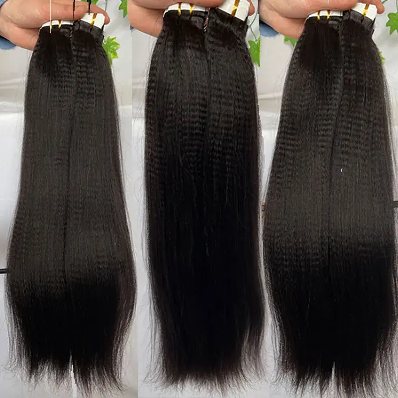 Yaki-Cinta de cabello liso para mujer negra, extensiones de cabello brasileño Remy, 40 piezas, cinta de trama de piel, pegamento en extensiones de cabello