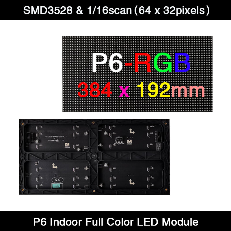 Módulo LED P6 Indoor SMD3528, 384x192mm, Display colorido, 3in 1, 1/16 de digitalização, HUB75E, 64x32 pixels, 200 peças por lote