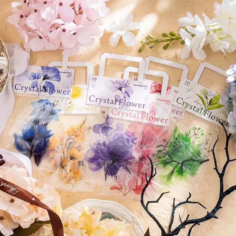 10Sheets PET stickers Decorative Material collage crystal flower shadow large size plant Literary planner Scrapbooking 20*9CM