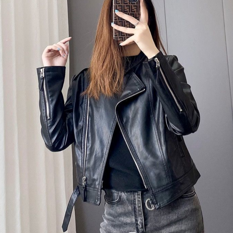 Women's PU Leather Jacket with Belt, Short Coat, Stand Collar, Motorcycle Washed Leather Jacket, Spring, New, High Quality, 2024