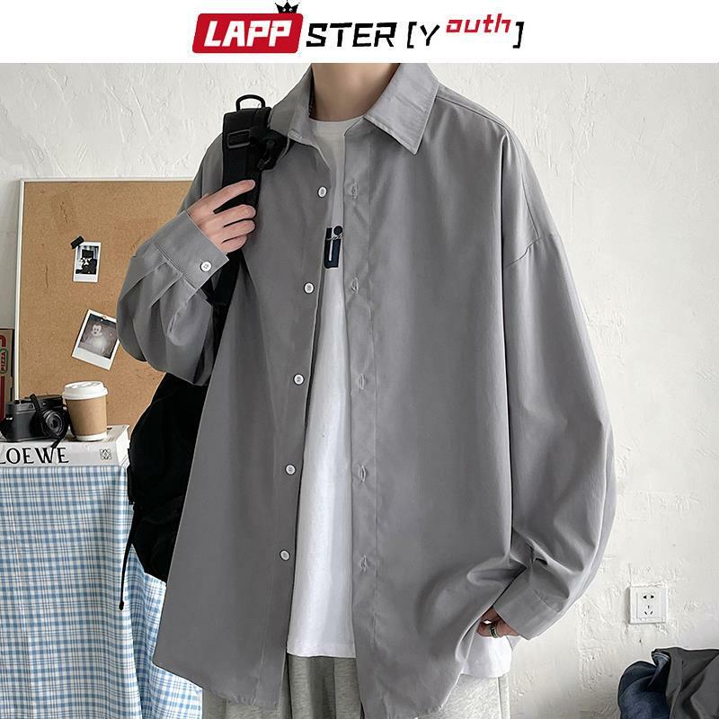 Lappster-Jeugd Koreaanse Mode Zwarte Lange Mouw Shirts 2023 Heren Harajuku Zwart Oversized Shirt Met Knoopsluiting Shirts Blouses 5xl