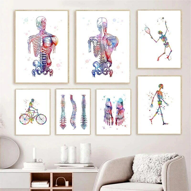 Декоративные картины на холсте с человеческими искусственными костями, настенное искусство, фотография медицинской офисной клиники, декор для физиотерапии комнаты