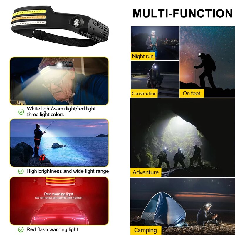 Indução COB + LED Head Lanterna, USB Recarregável Farol, Construído em Bateria, Portátil, Camping, Pesca, Ao Ar Livre, Luzes de Trabalho