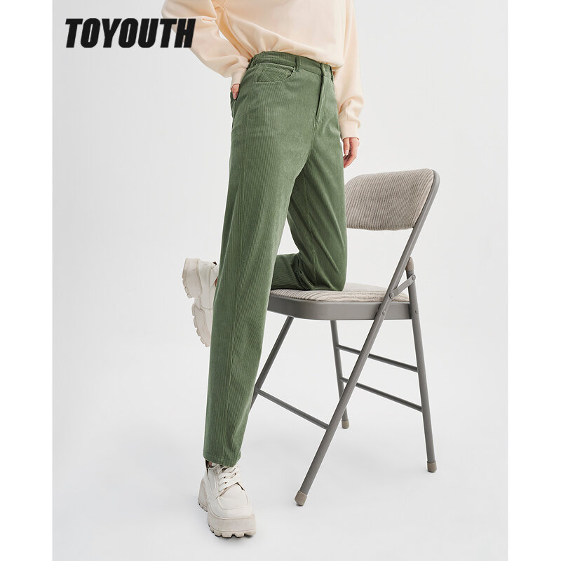 Toyouth calças de veludo feminino 2022 inverno volta cintura elástica em linha reta calças longas bege verde quente chique casual calças compridas