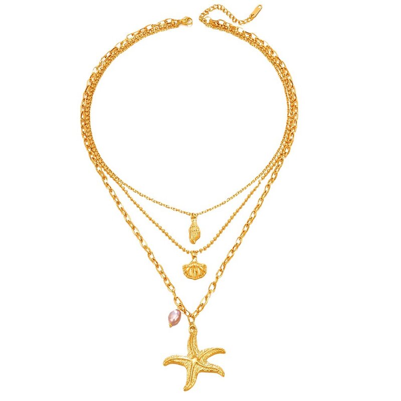 Модное трехслойное ожерелье с подвеской в виде жемчужной морской звезды, женское летнее пляжное ожерелье из нержавеющей стали в стиле ретро с ракушкой и улиткой