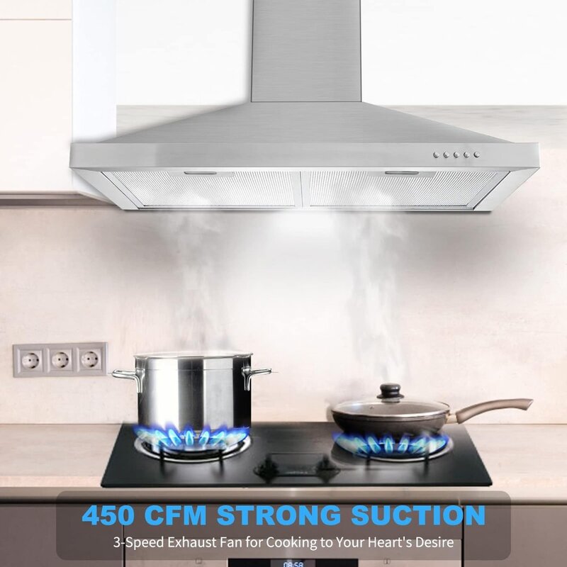 Wall Mount Range Hood 30 inch with Ducted/Ductless Convertible Duct, Stainless Steel Chimney-Style Over Stove