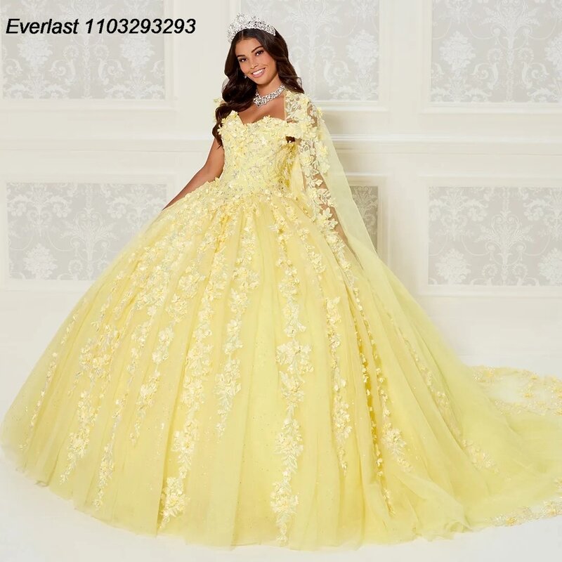 EVLAST Shiny Yellow Quinceanera Dress Ball Gown 3D Floral Lace Applique Beading With Cape Sweet 16 Vestido 15 De Años TQD237