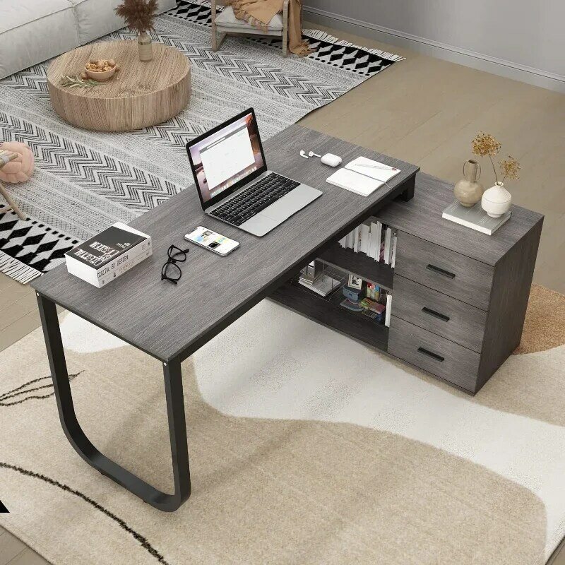 Home Office Computer Desk Corner Desk with 3 Drawers and 2 Shelves, 55 Inch Large L-Shaped Study Writing Table with Storage