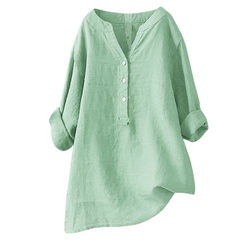 Camisa de manga comprida de cor sólida feminina, blusas casuais soltas, gola alta, botão para cima, tops plus size para senhoras