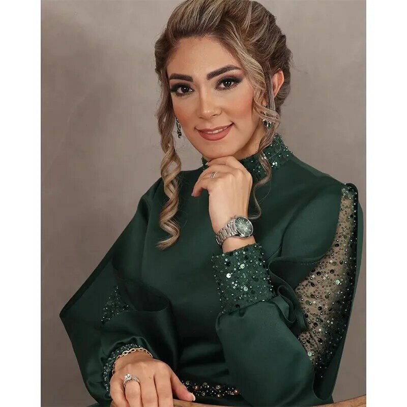 Elegante vestido verde escuro com lantejoulas, linha, vestidos de baile, manga frisada, caftan marroquino, vestido muçulmano