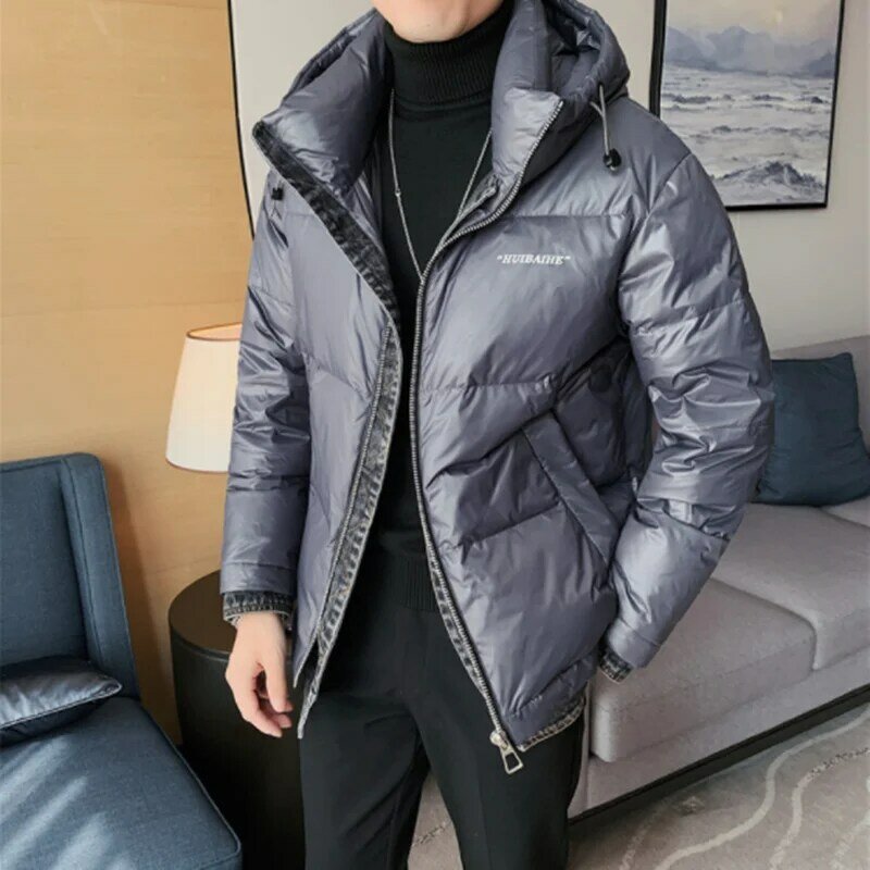 Модная зимняя мужская одежда, утепленный пуховик, джинсовая комбинированная однотонная Европейская и американская простая повседневная мужская куртка с капюшоном
