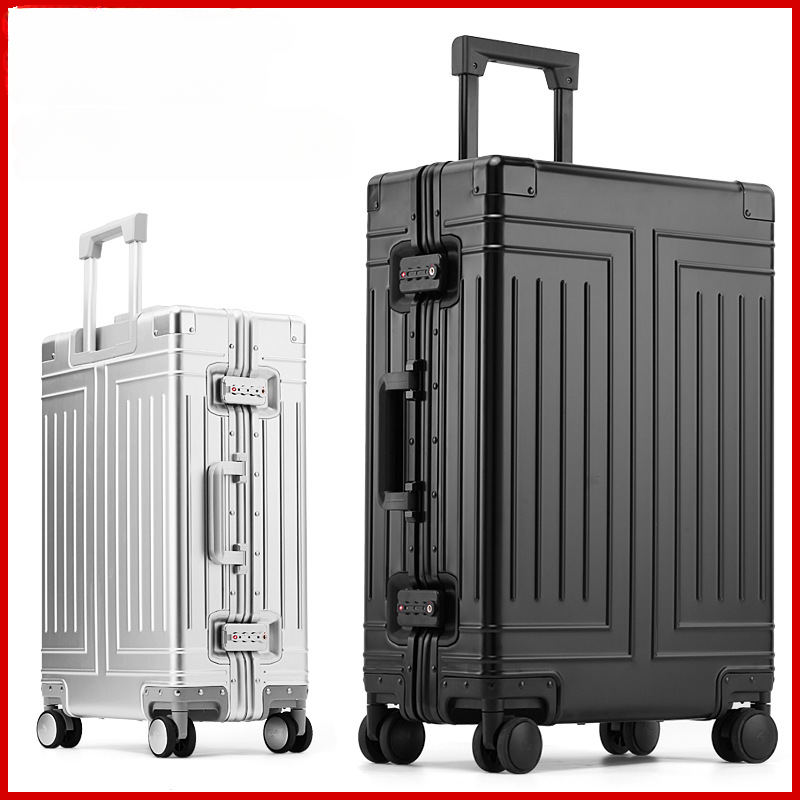 Neuer Reisekoffer aus 100% Aluminium auf Rädern silbernes Roll gepäck große, hochwertige Trolley-Gepäck tasche für Herren