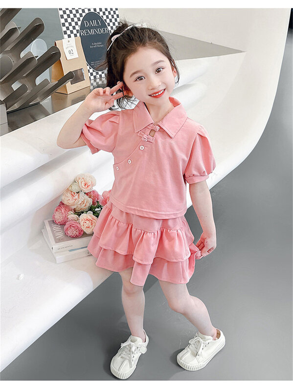 Summer Casual Clothing Sets Girls Short Sleeve T-Shirt+Skirts 2Pcs Suits Big Kids Fashion Pink Sportswear Outfits 5-14 Years
