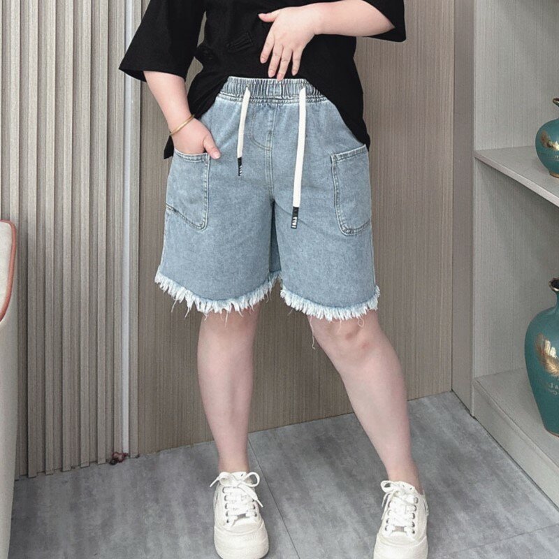 Elasticated Waist Knee Length Jeans Women 2024 Summer New Plus Size Loose Thin Tassel Wide Leg Shorts