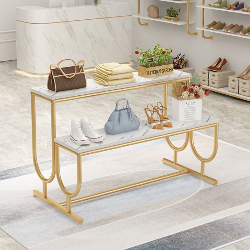 Soporte de mesa de anidación de exhibición de oro y plata multicapa personalizado, estantes de exhibición de almacenamiento de bolsas de zapatos, accesorios de tienda