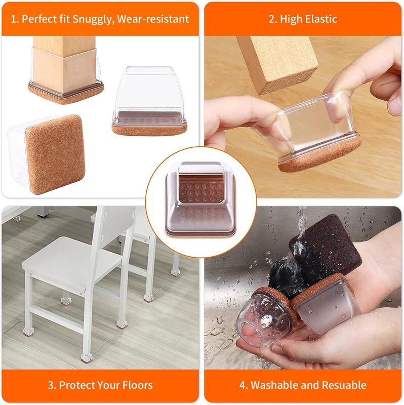 8PCS Clear Silicone Chair Leg Caps Protectors Rectangle with Felt Foot End Caps Covers width 22-32mm for Chair Table No Noise