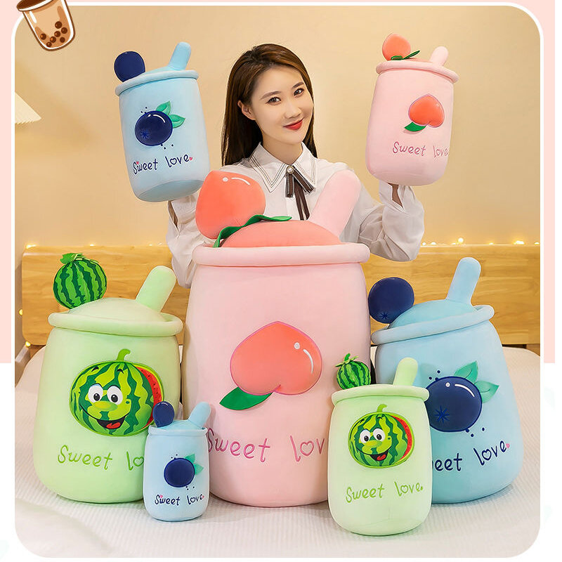 Creative Cute Milk Tea Cup Pillow Kawaii Plush Toy Stuffed Watermelon Peach Blueberry Plushie Toy Tea Cup Kids Gifts Cushion