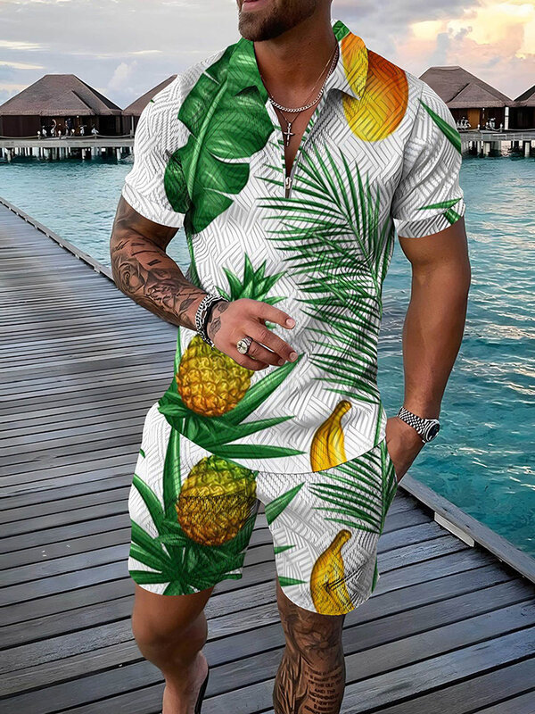 Спортивный костюм мужской из рубашки-поло, короткий комплект из 2 предметов, с 3D-принтом тропических фруктов, на молнии, с воротником, уличная одежда, лето