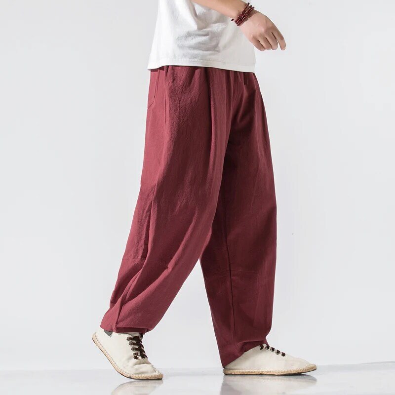 Pantaloni Casual Haren pantaloni a gamba larga da uomo pantaloni sportivi da jogging in cotone e lino pantaloni da uomo stile Harajuku nuovi Streetwear