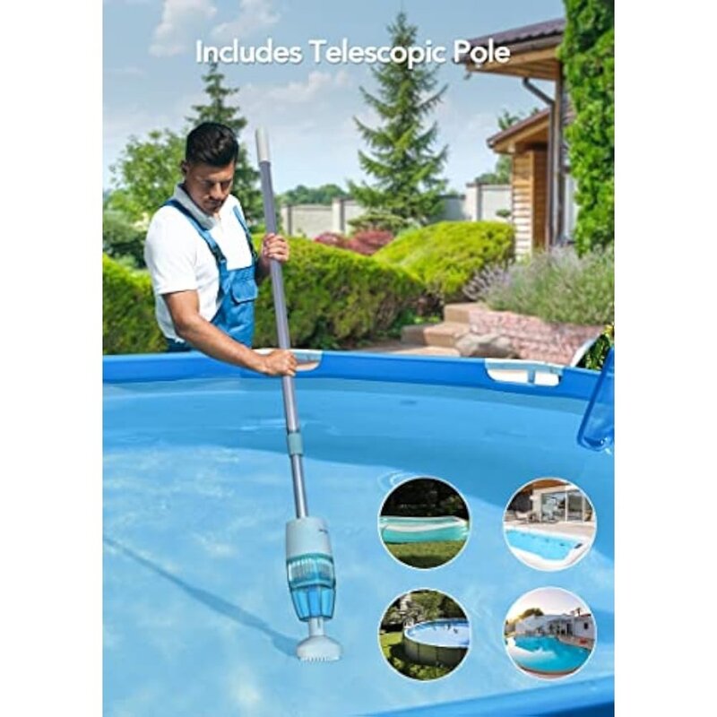 Aspirador de piscina sem fio com poste telescópico, portátil, recarregável, limpador para limpeza profunda, 60 Mins Runtime