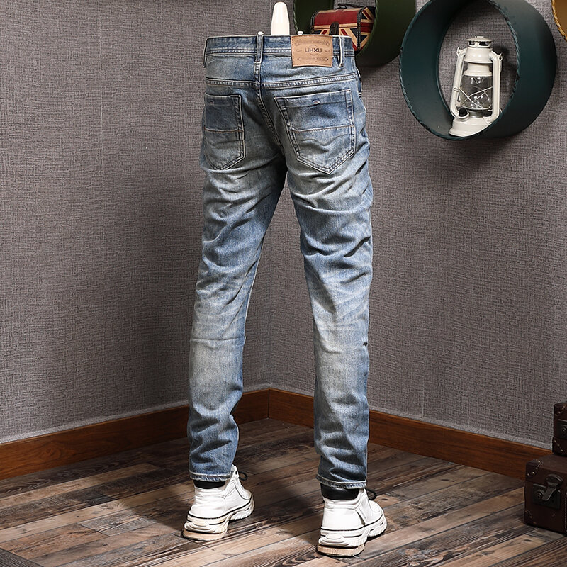 Moda de rua dos homens jeans de alta qualidade elástico fino ajuste retro azul rasgado calças jeans dos homens do desenhista do vintage calças jeans hombre