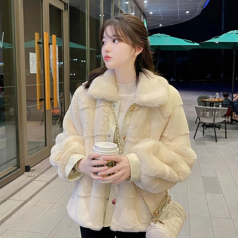 Jaket bulu imitasi wanita, mantel bulu imitasi beludru warna polos lembut nyaman Korea musim gugur dan dingin