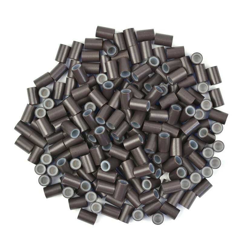 Silicone Forrado Micro Anéis Links para extensões de cabelo, contas de cobre, preto, marrom escuro, 4.0*2.8*6.0mm, 200 PCs