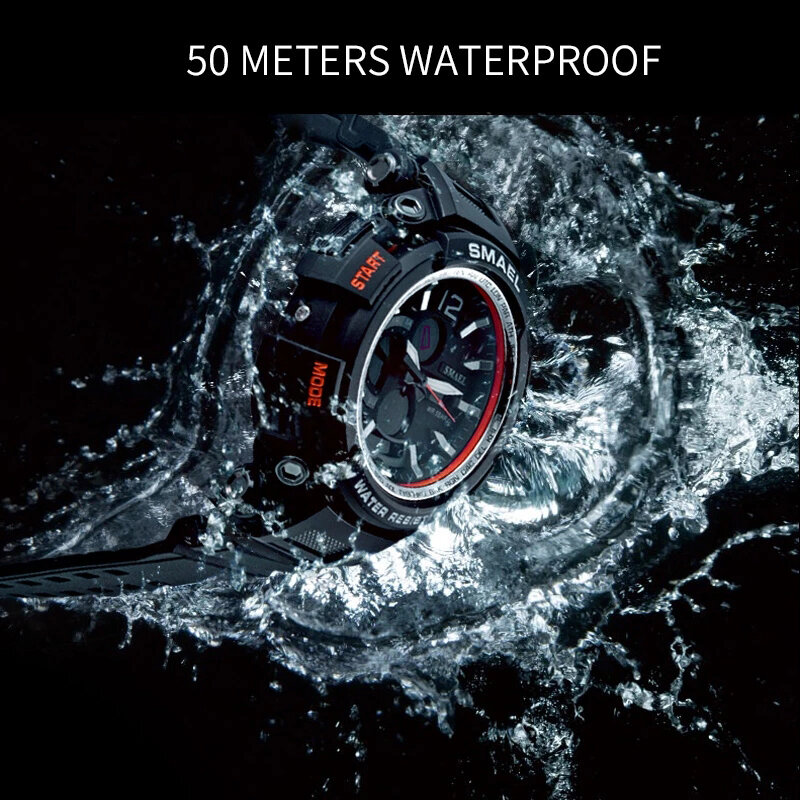 ساعات رجالية فاخرة ساعة كوارتز LED عرض مزدوج التناظرية الرقمية تاريخ السيارات 50 متر مقاوم للماء الذكور الرياضة العسكرية الساعات