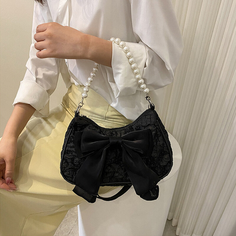 Female Retro Luxury Pearl Chain Handbag Women's Solid Adjuestable Bow Crossbody Bags Fashion Canvas 2024 Trend Shoulder Bag