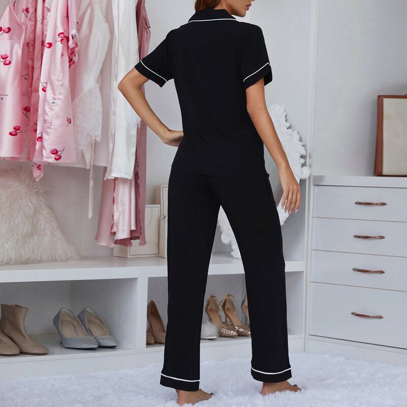 Conjunto de pijama de duas peças feminino, tops de manga curta com lapela, calça comprida reta solta, monocromática, roupa de casa, primavera, novo