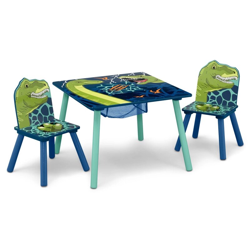 Mesa Dinossauro Infantil e Cadeira Conjunto com Armazenamento, Delta, Azul e Verde, 2 Cadeiras Incluídas