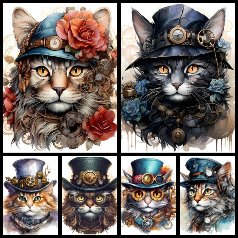 Ritratto di gatto vittoriano che indossa un modello di cappello a cilindro e occhiali, pittura diamante nuova collezione di animali, mosaico con ricamo completo fai da te