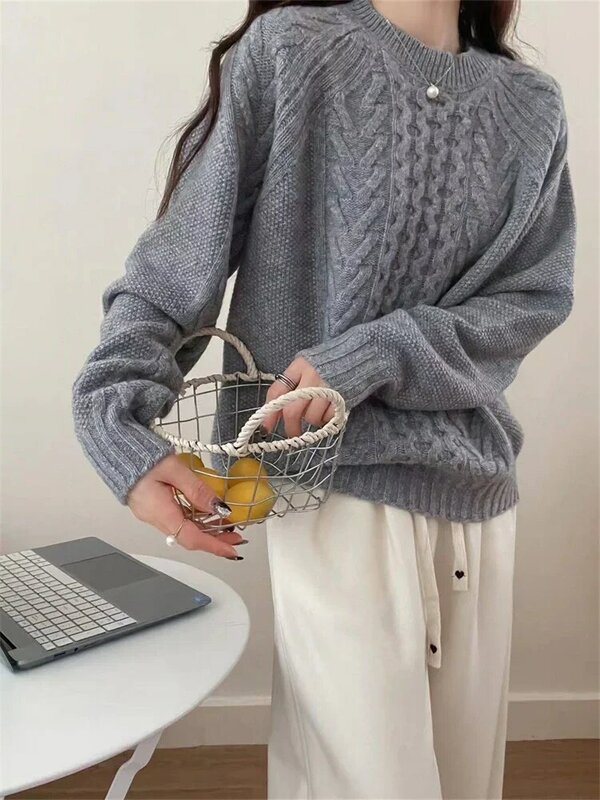 Sweter damski w jednolitym kolorze trójwymiarowy, skręcony, codzienny, dopasowany jesienno-zimowy wełniany sweter z okrągłym dekoltem