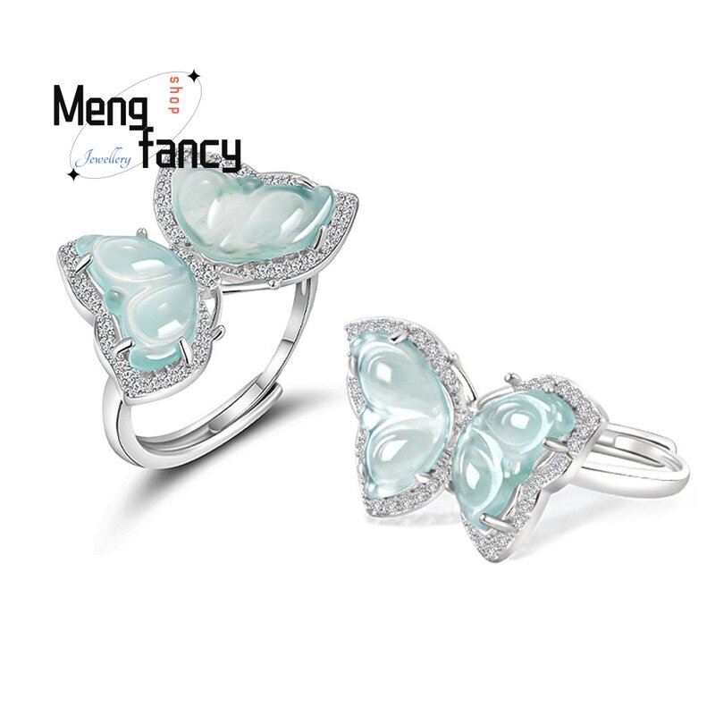 S925 cincin liontin giok es kupu-kupu air biru Jadeite barang asli bertatahkan perak perhiasan mode elegan indah