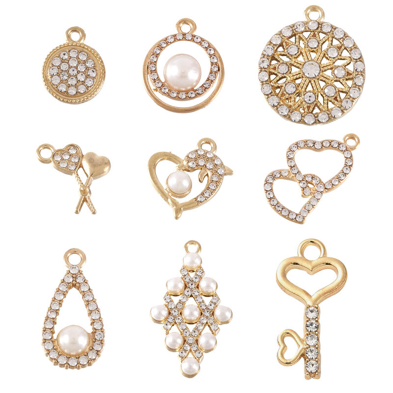 Colgantes de aleación con diamantes de imitación de cristal, cuentas de perlas de plástico para fabricación de joyas, pulsera DIY, pendiente, decoración artesanal, 36 unidades