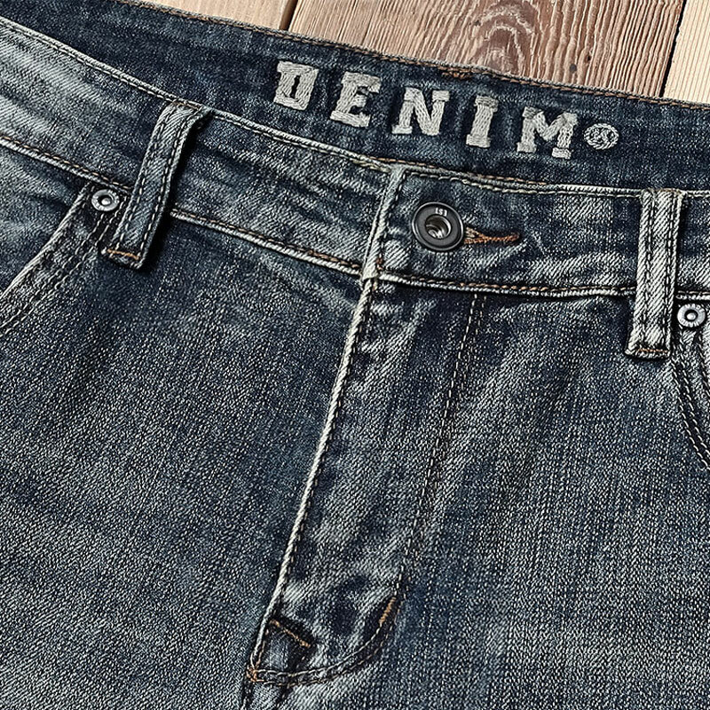 Jeans Pria Vintage Fashion Jeans Sobek Pas Badan Elastis Retro Biru Ketat Celana Denim Kasual Desainer Bordir Pria Hombre