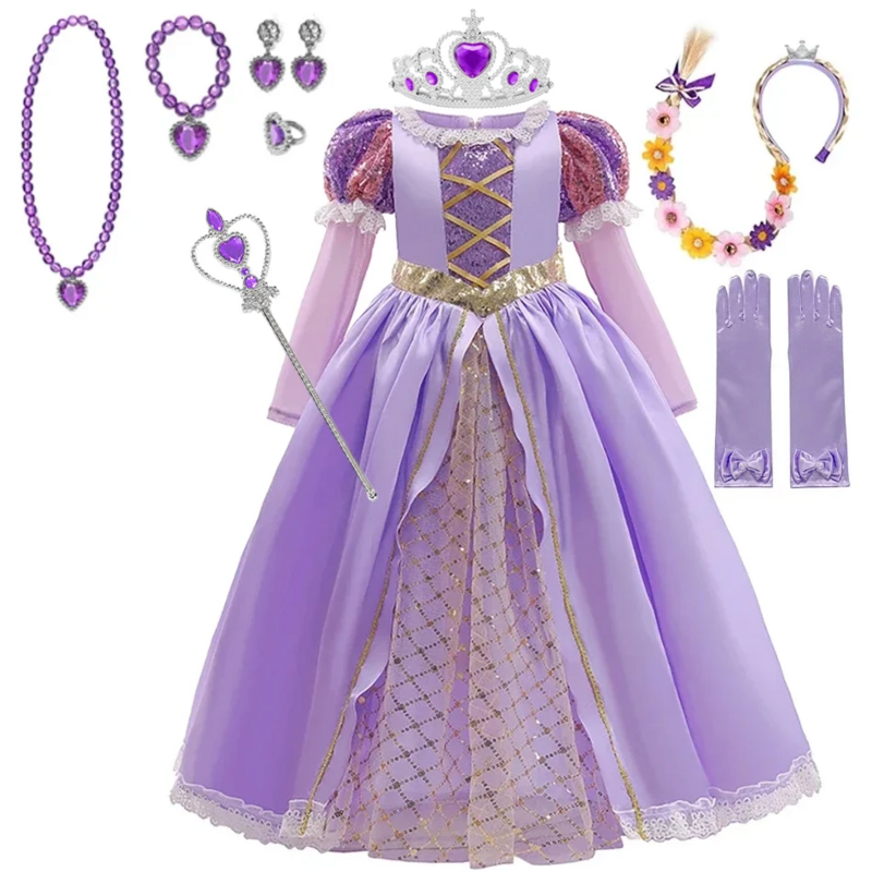 Disney-vestido de princesa para niñas, disfraz de Aurora, Elsa, Rapunzel, sirena, Halloween, fiesta de cumpleaños