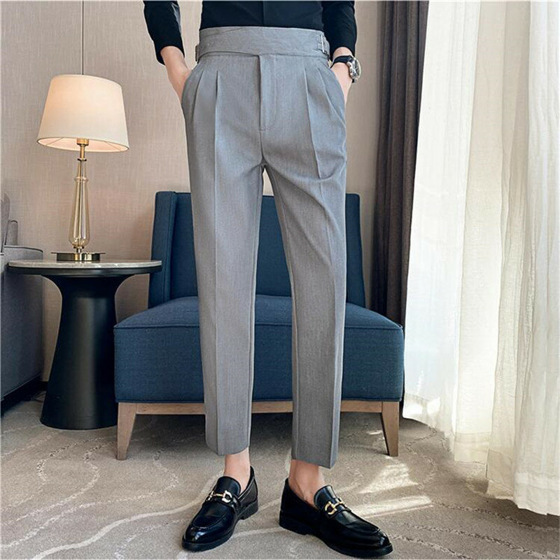 Brytyjski styl mężczyźni wysokiej talii Casual Dress Pant mężczyźni pas projekt spodnie Slim formalne biuro społeczne wesele strój wieczorowy spodnie