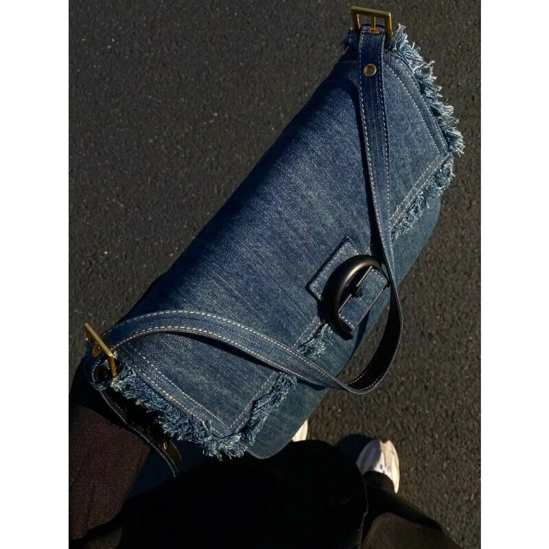Bolsa de mensageiro jeans estilo casual, leve retrô de viagem Hobo, bolsa sólida para celular, fêmea