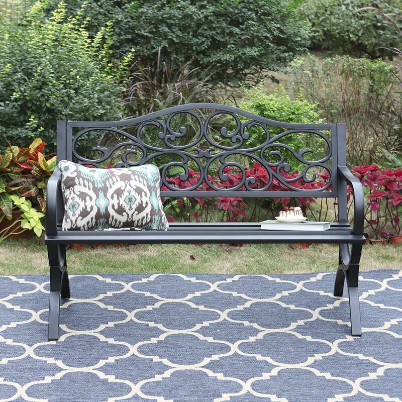 Sophia & William 50" Outdoor Garden Bench Patio Park Bench, Cast Iron Metal Frame Furniture with Floral Design Backrest
