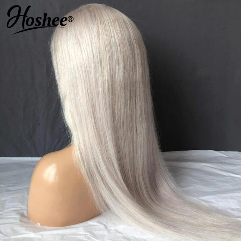 Peluca de cabello humano Remy brasileño sin pegamento, postizo de encaje Frontal transparente, color rubio platino, HD