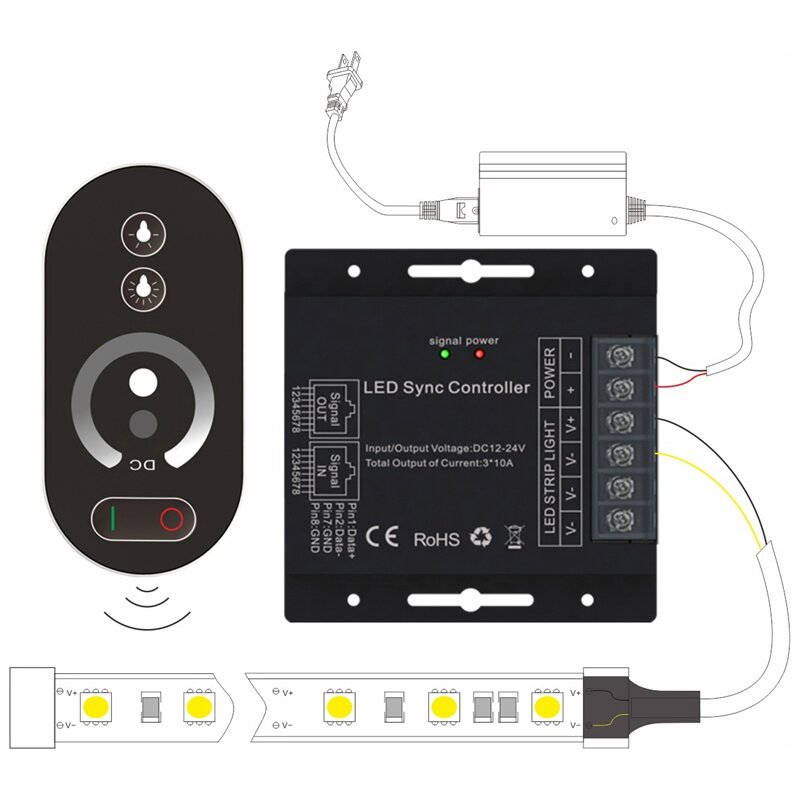 シングルチャンネル同期LEDモノクロコントローラー、ワイヤレス、リモコン、プレス、rf、12-24v
