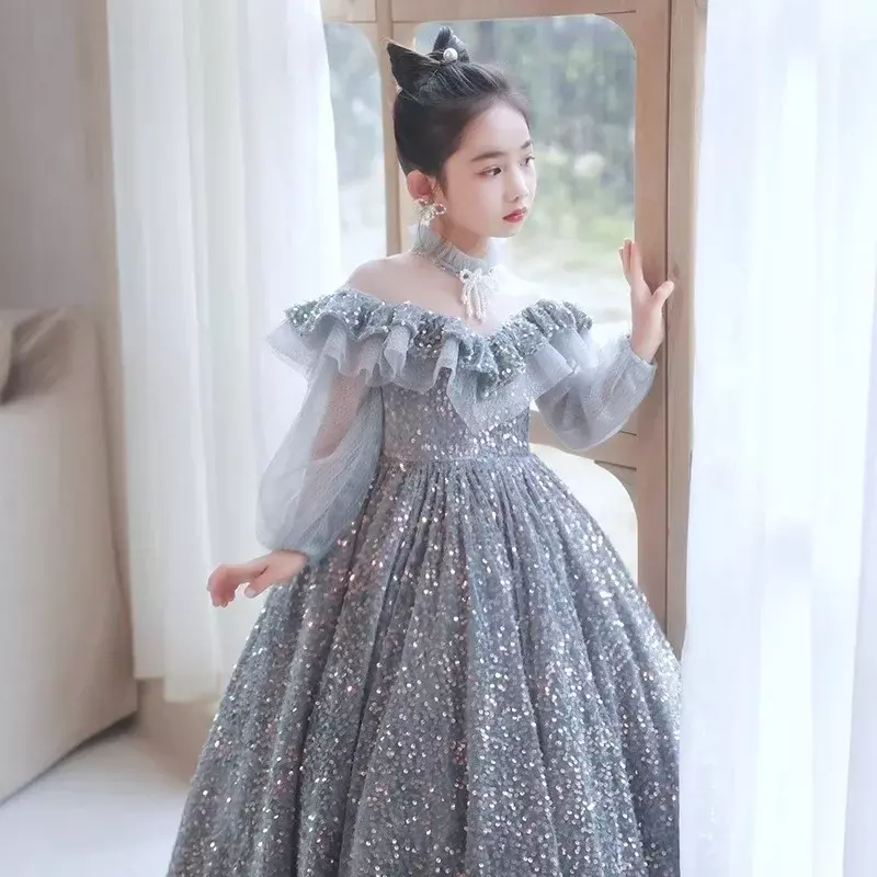 Princesa vestido com design de flores para meninas, nova moda, tendência, temperamento, desempenho de piano, primavera, 2021